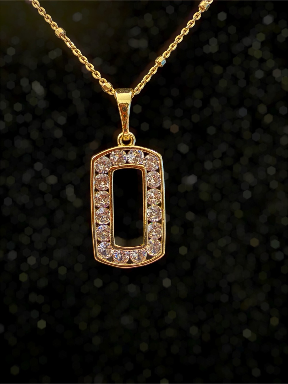 New-Gold Rectangular CZ Pendant 18” Necklace - Women Jewelry